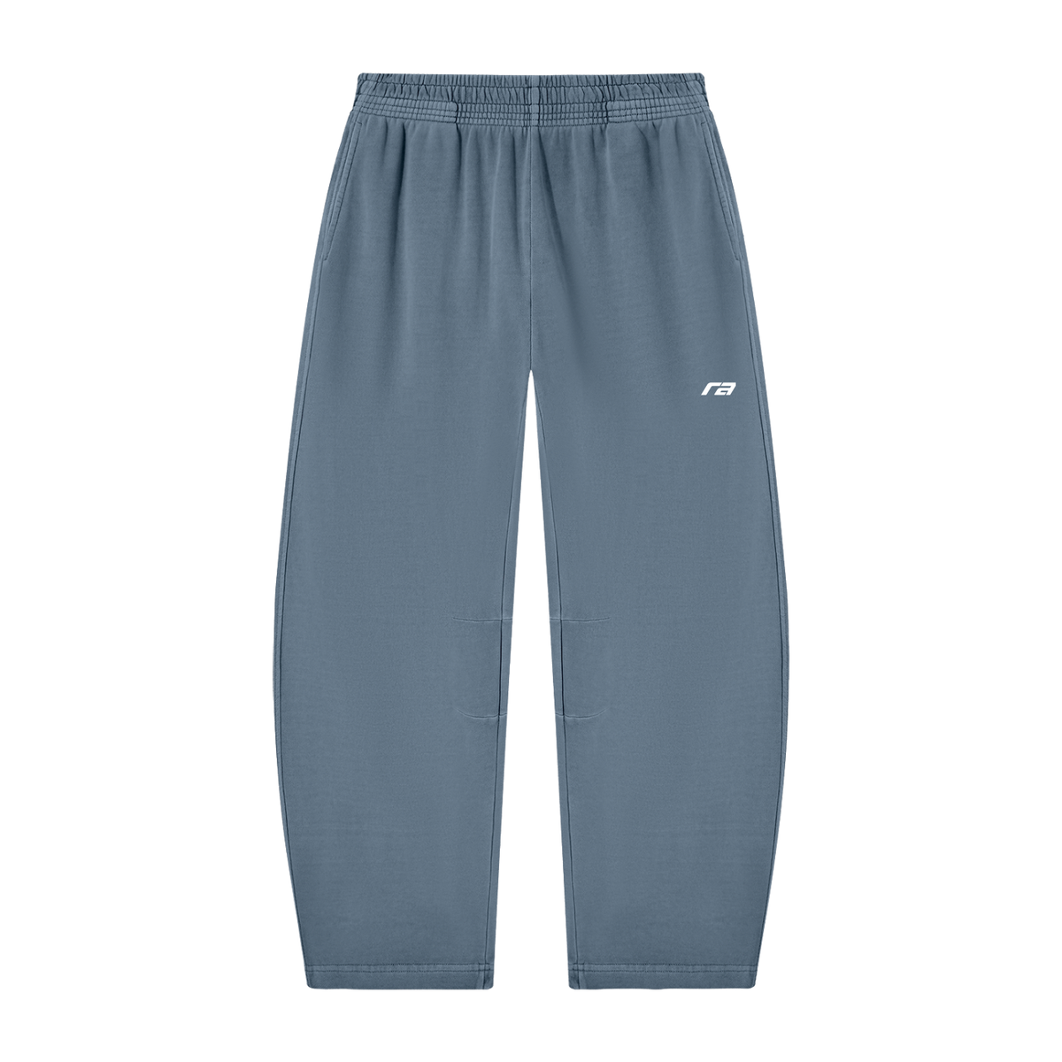 A pair of slate blue athletic jogger pants with an elastic waistband and a small white logo on the left thigh, shown against a plain white background.