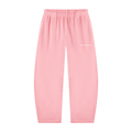 Light pink sweatpants with an elastic waistband and a small white script logo on the upper left thigh, shown flat against a white background.