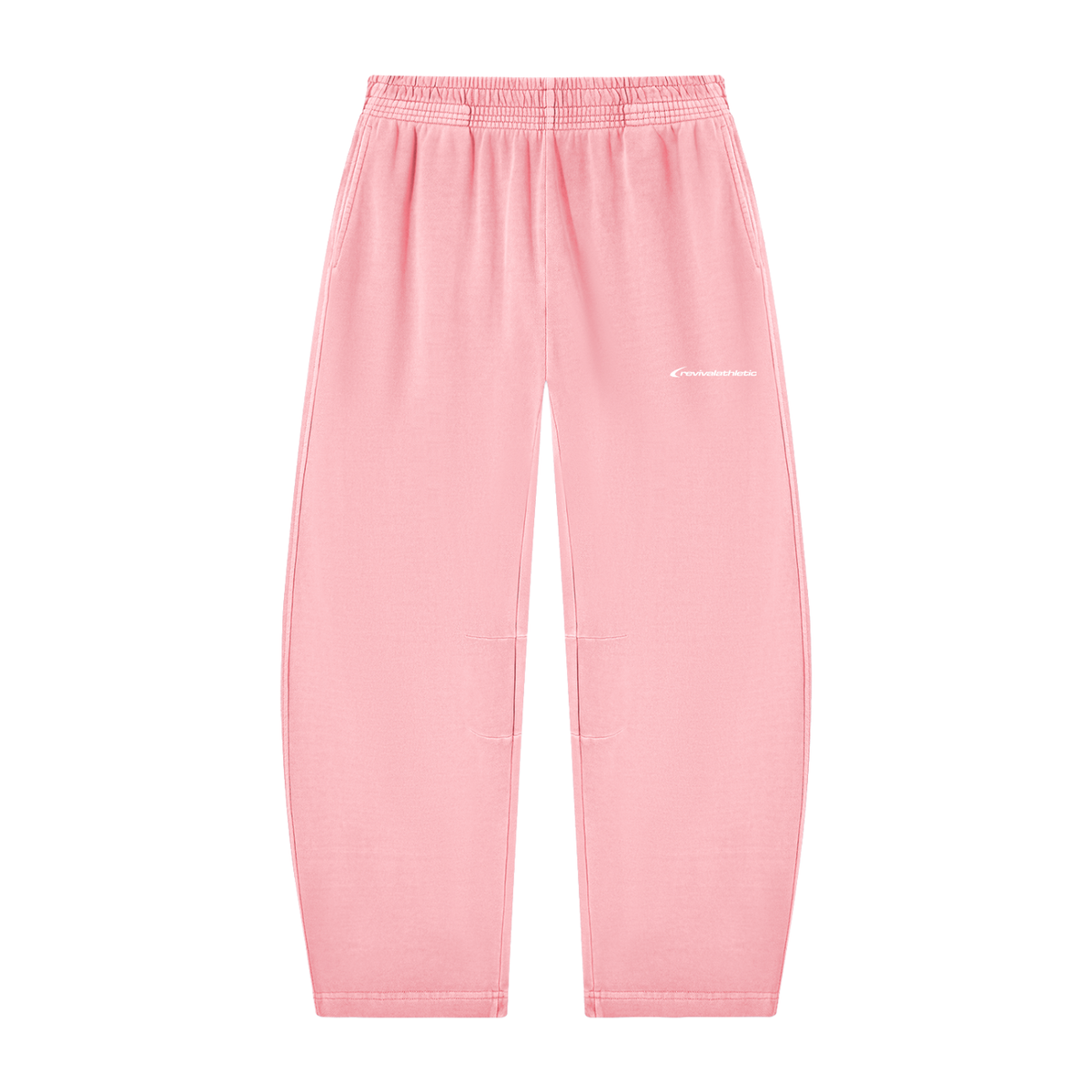 Light pink sweatpants with an elastic waistband and a small white script logo on the upper left thigh, shown flat against a white background.