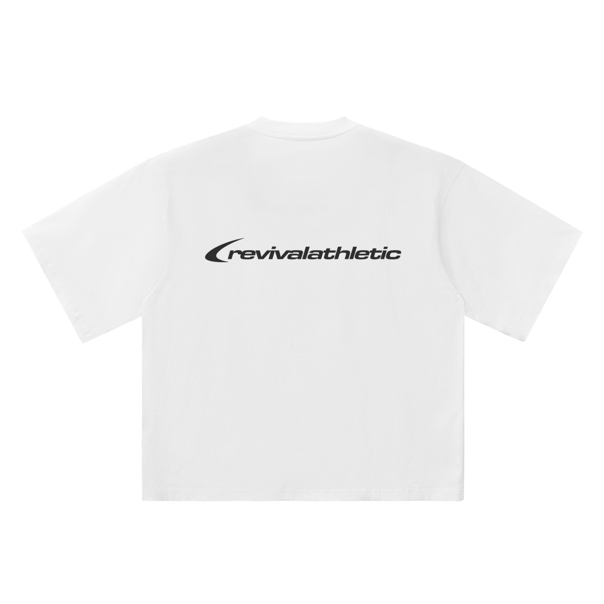 A white short-sleeve t-shirt shown from the back, featuring the black 'revivalathletic' logo printed across the center.