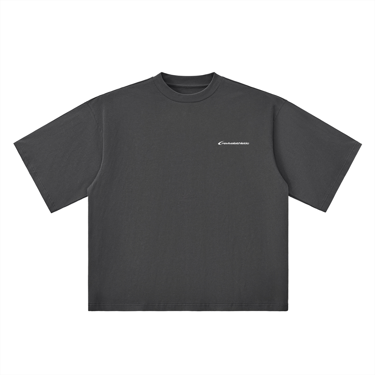 Black t-shirt with a white logo on a white background
