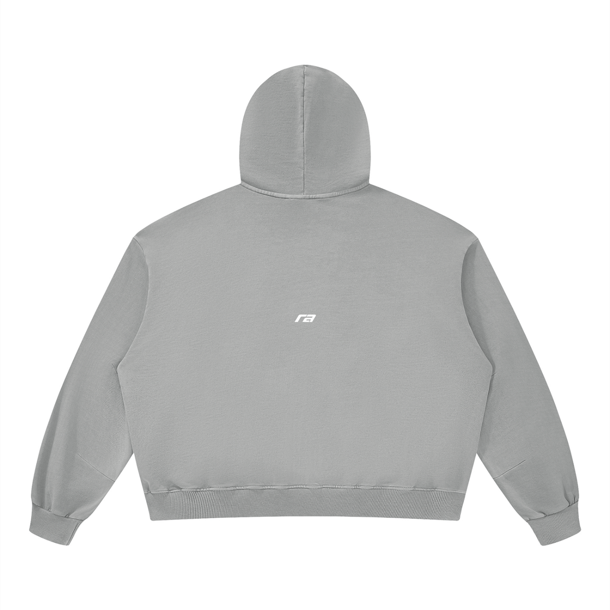 A light gray cropped hoodie shown from the back, featuring a small gold embroidered logo centered below the neckline, set against a plain white background.
