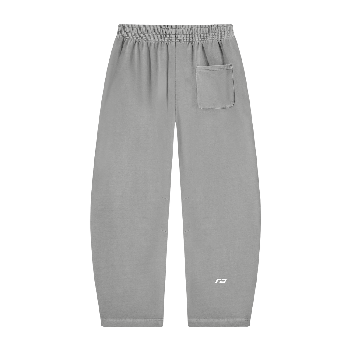 Light gray sweatpants with an elastic waistband, a side pocket on the right leg, and a small white logo near the lower left leg, shown against a plain white background.