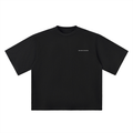 Black t-shirt with a logo and text on a white background