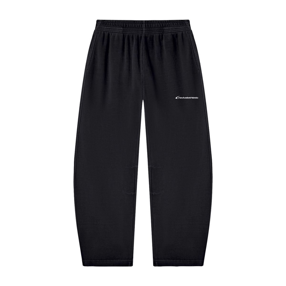 Black athletic jogger pants with an elastic waistband and a small white embroidered logo on the left hip, shown against a plain white background.