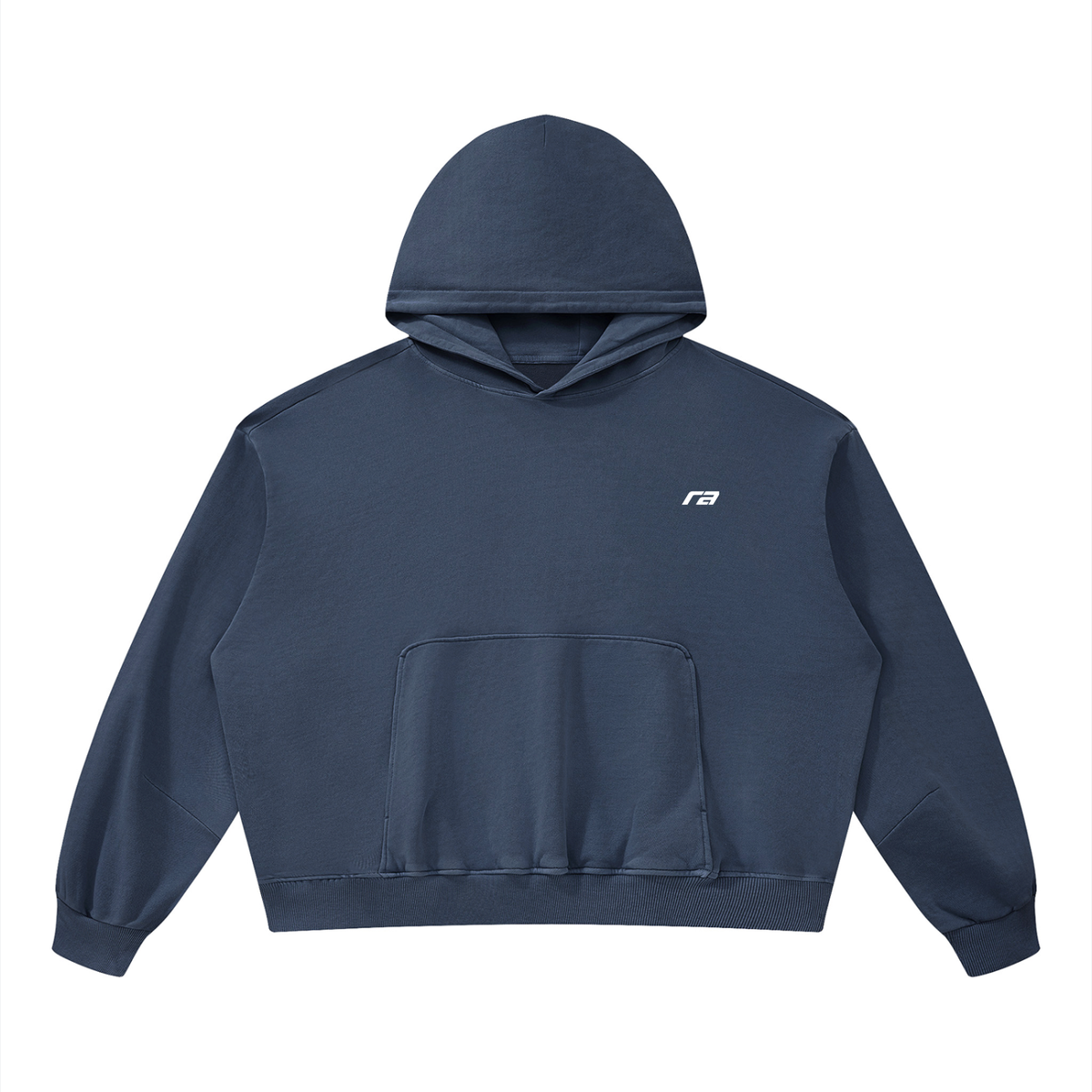 A navy blue cropped hoodie with a small white stylized logo on the left chest, displayed flat against a solid white background.