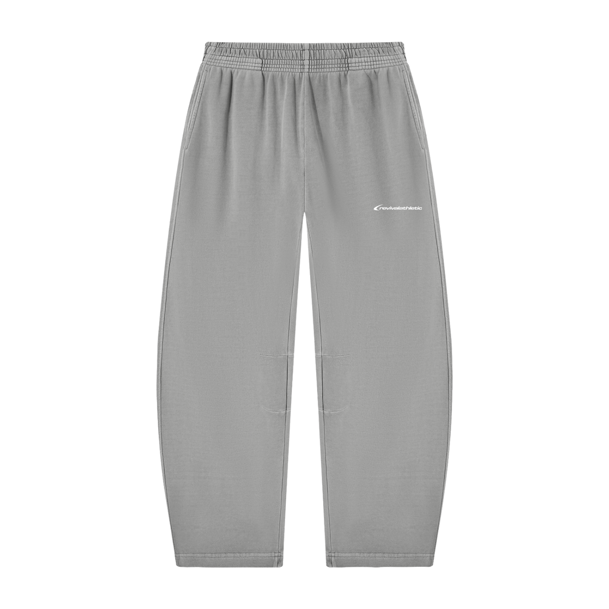 Light gray fleece jogger pants with an elastic waistband and a small white embroidered logo on the left thigh, shown against a plain white background.