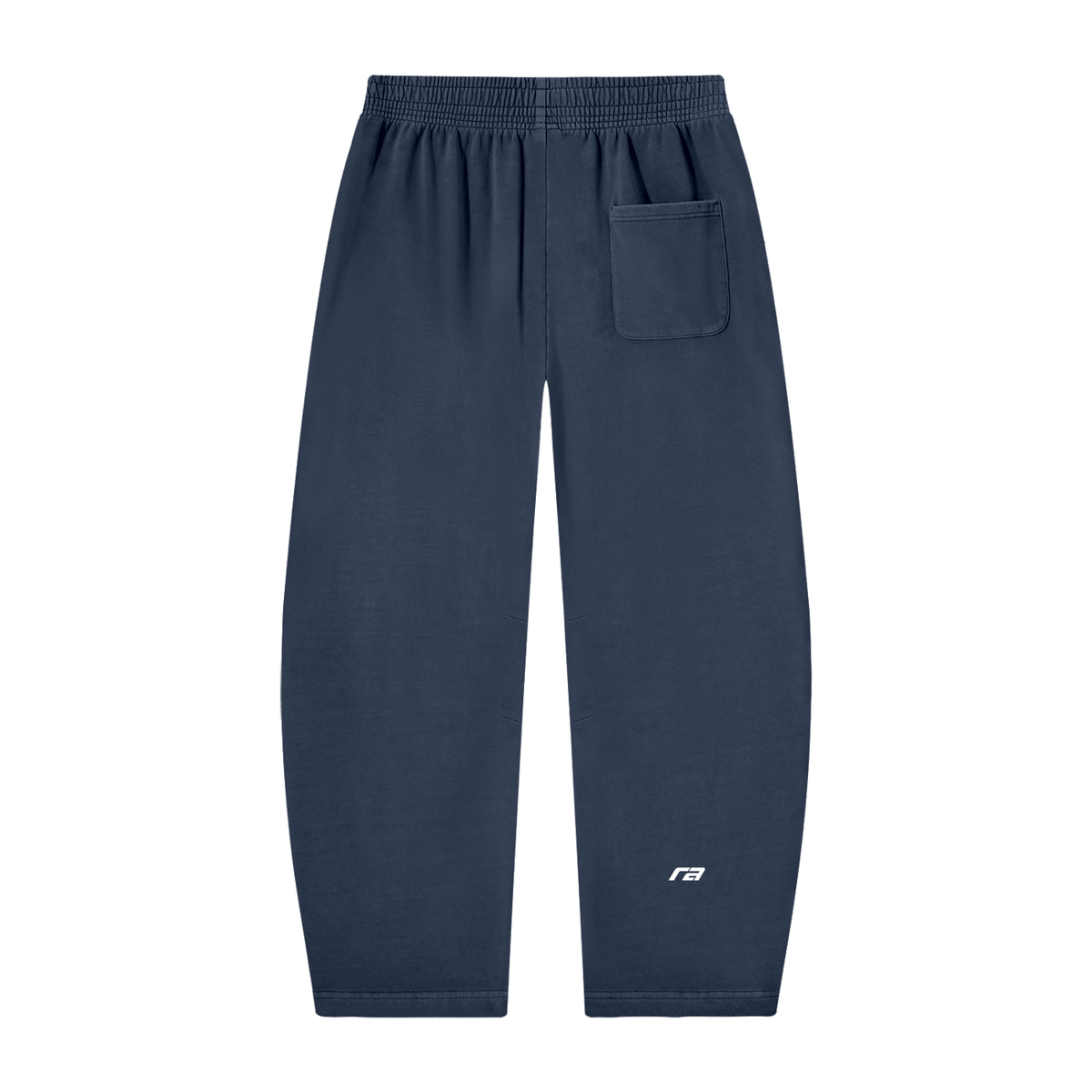 A pair of navy blue sweatpants with an elastic waistband, a side pocket on the right hip, and a small white logo on the lower left leg, shown against a plain white background.