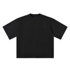 Black t-shirt with a logo and text on a white background