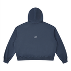 A dark navy blue cropped hoodie shown from the back, featuring a solid color with ribbed cuffs and hem, isolated on a white background.