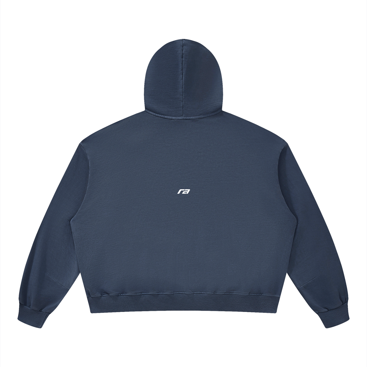 A dark navy blue cropped hoodie shown from the back, featuring a solid color with ribbed cuffs and hem, isolated on a white background.
