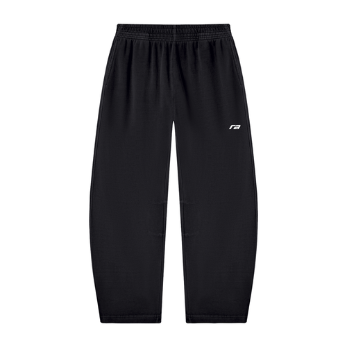 Black athletic jogger pants with an elastic waistband and a small white logo on the left hip, shown against a plain white background.