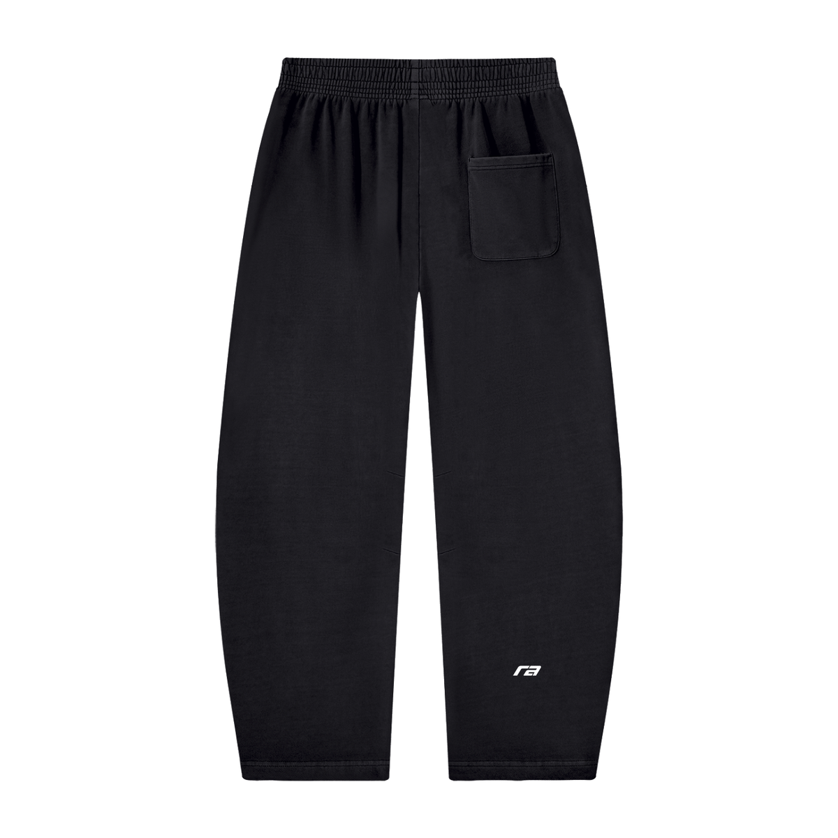Black jogger sweatpants with an elastic waistband, a side pocket on the right hip, and a small white logo on the lower left leg, shown against a plain white background.