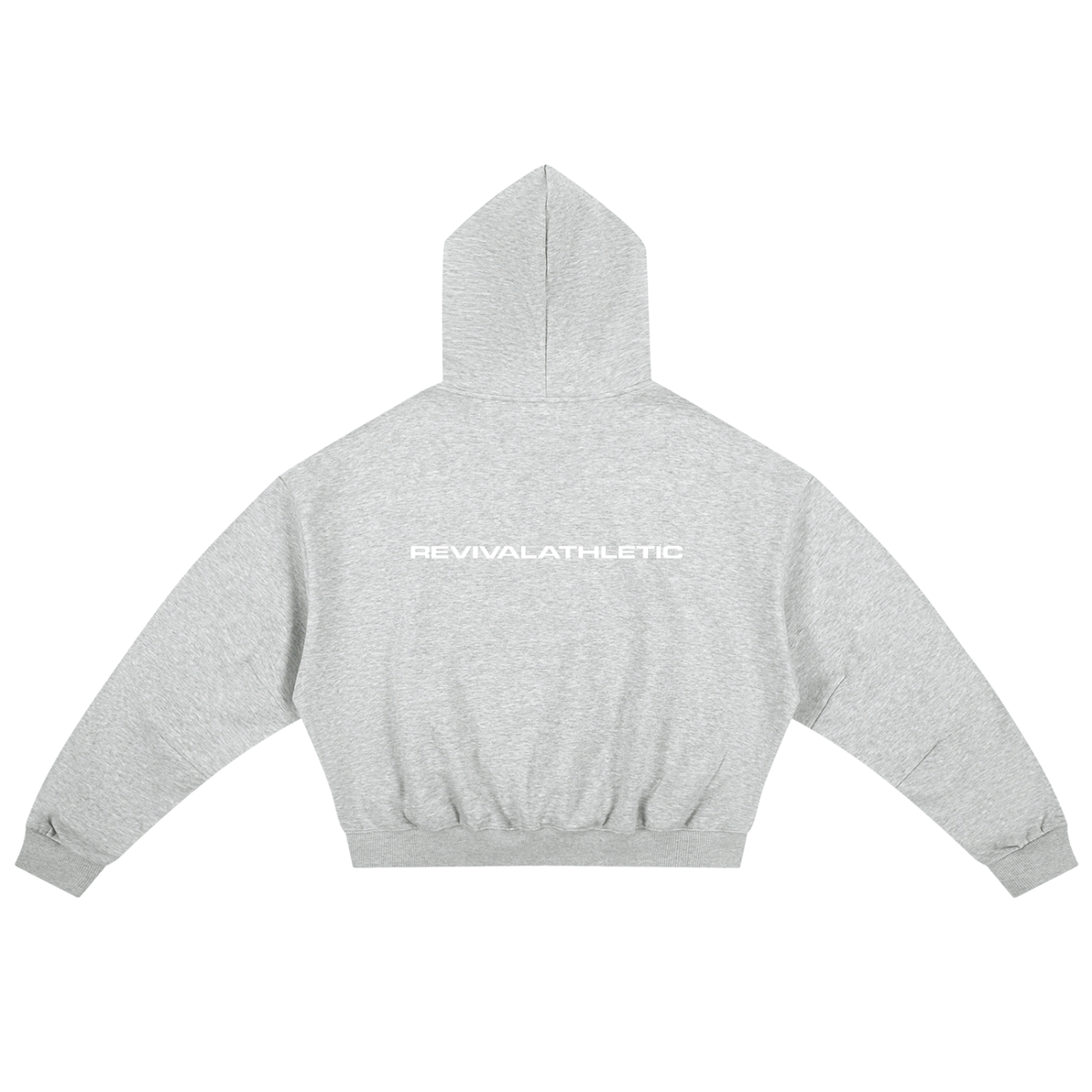 A light heather gray cropped hoodie shown from the back, featuring the brand name 'REVIVALATHLETIC' printed in white across the upper back.