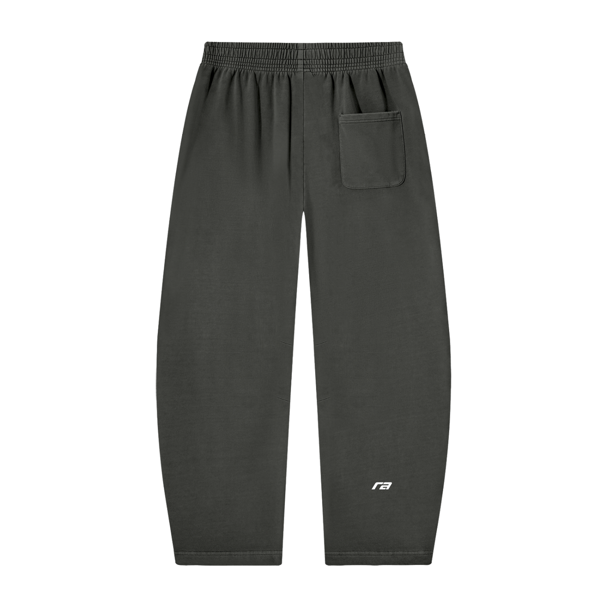 Dark gray sweatpants with an elastic waistband, a side pocket, and a small white logo near the lower left leg, shown against a plain white background.