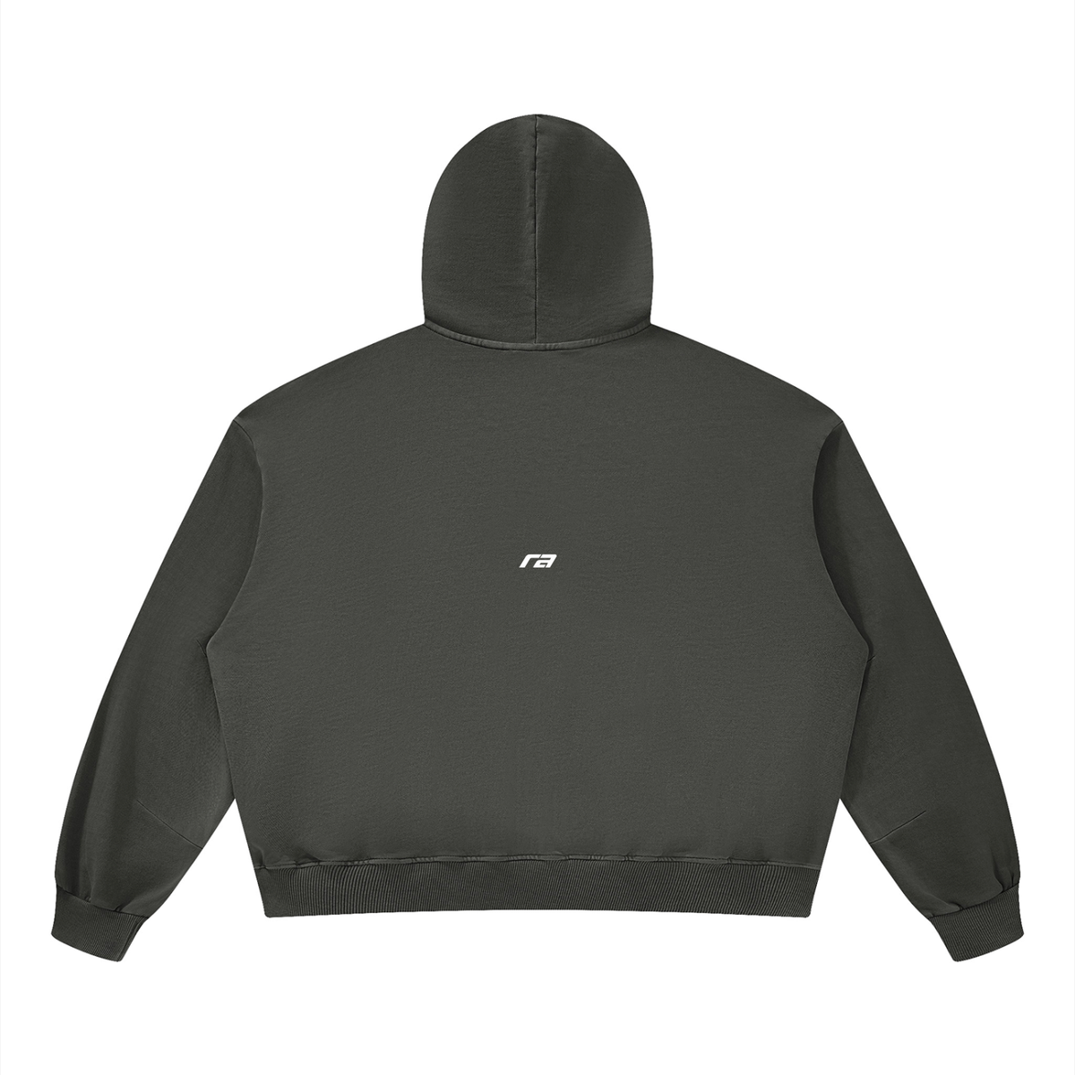 A dark gray cropped hoodie shown from the back, featuring a small white 'rb' logo on the center back, set against a plain white background.