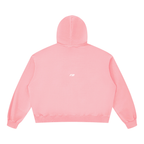 A light pink cropped hoodie shown from the back, featuring a simple crew neck, long sleeves, and ribbed cuffs and hem, presented on a solid white background.