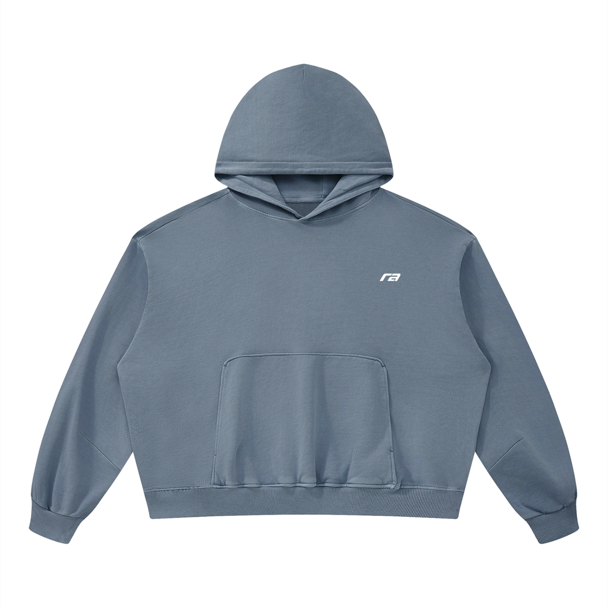 A slate blue cropped hoodie with a small white stylized logo on the left chest, displayed flat against a solid white background.