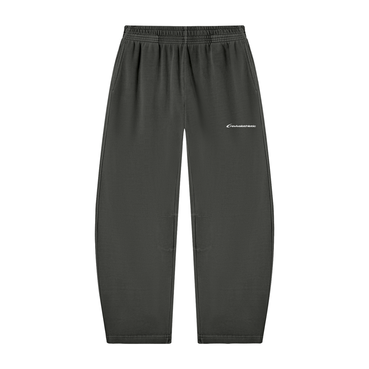 Black sweatpants with an elastic waistband and a small white script logo on the upper left thigh, shown against a plain white background.
