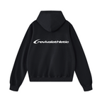 A black pullover hoodie shown from the back, featuring a white 'revivalathletic' logo printed across the upper back, set against a plain white background.