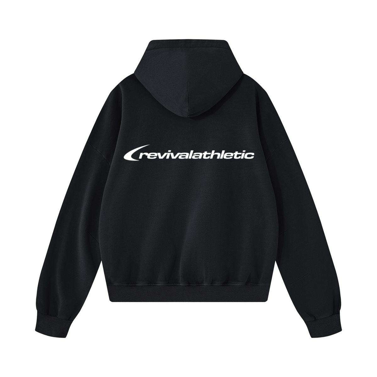A black pullover hoodie shown from the back, featuring a white 'revivalathletic' logo printed across the upper back, set against a plain white background.