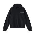 A black pullover hoodie with a small white script logo on the left chest, displayed against a solid white background.