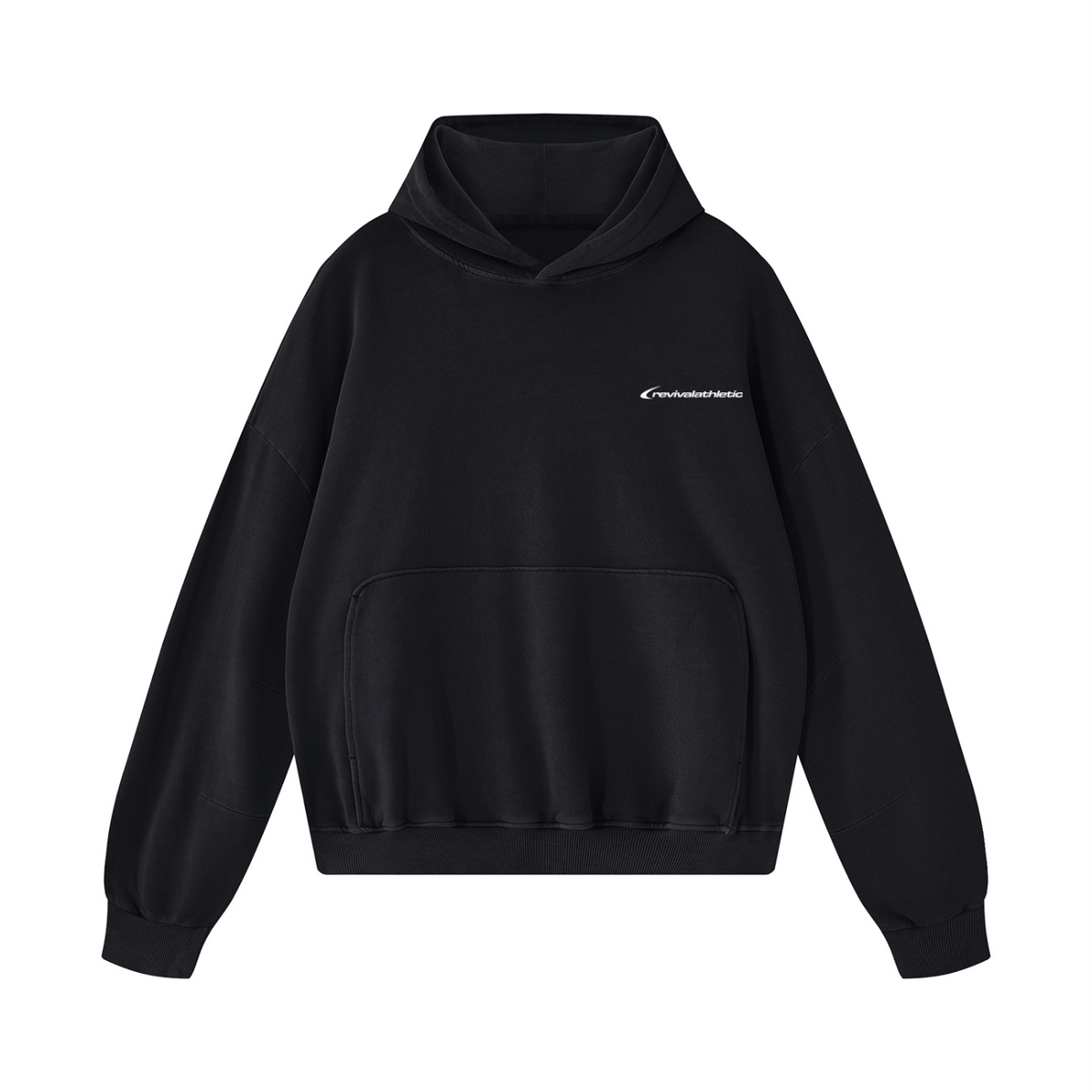 A black pullover hoodie with a small white script logo on the left chest, displayed against a solid white background.