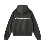 A dark charcoal gray hoodie shown from the back, featuring a white 'revivalathletic' logo printed across the upper back, set against a plain white background.