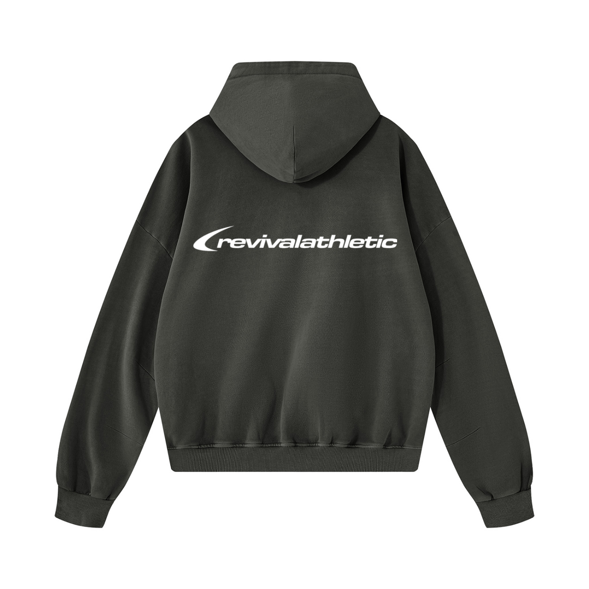A dark charcoal gray hoodie shown from the back, featuring a white 'revivalathletic' logo printed across the upper back, set against a plain white background.