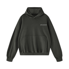 A dark GREY pullover hoodie with a small white script logo on the left chest, displayed on a clean white background.