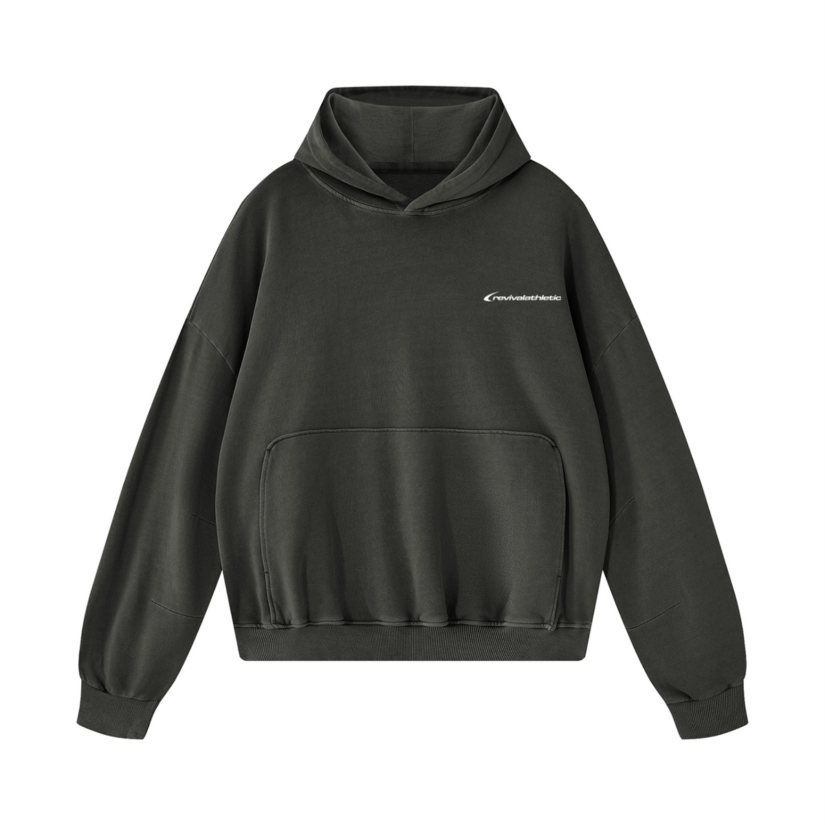 A dark GREY pullover hoodie with a small white script logo on the left chest, displayed on a clean white background.