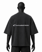 A mannequin shown from the back wearing an oversized black t-shirt with a white 'revivalathletic' logo printed across the upper back, set against a plain white background.