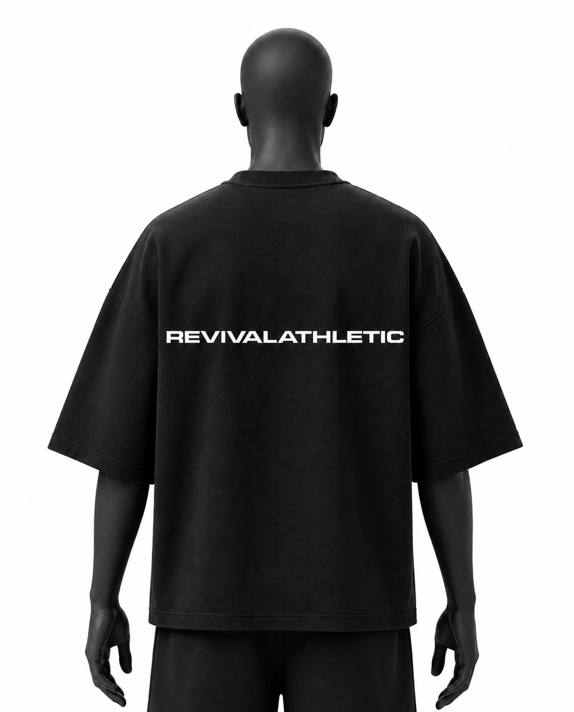A black short-sleeve t-shirt with 'REVIVALATHLETIC' printed in white across the back, displayed on a black mannequin against a white background.