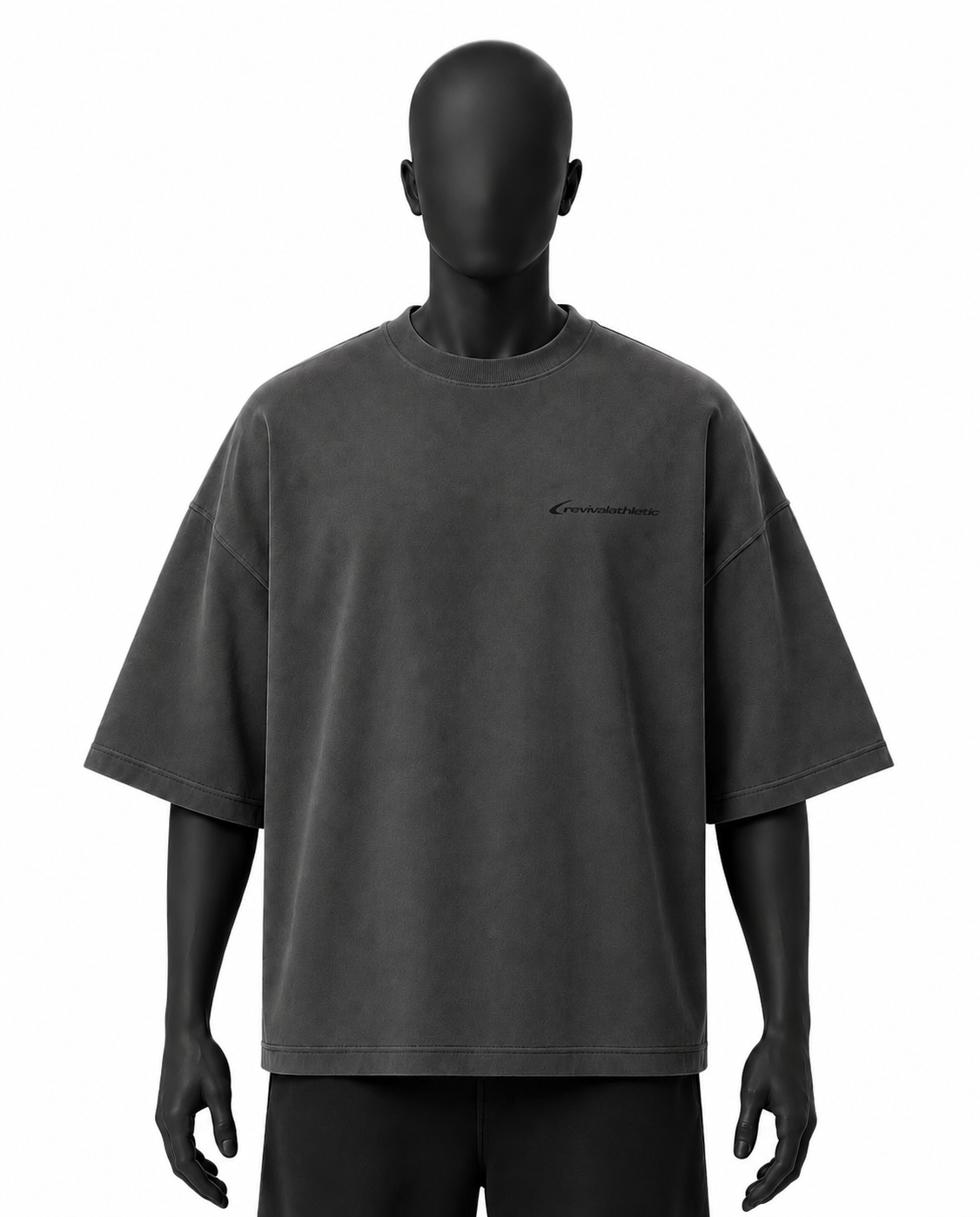 A dark gray washed short-sleeve t-shirt displayed on a matte black mannequin against a solid white background. The shirt features a small black script logo on the left chest.