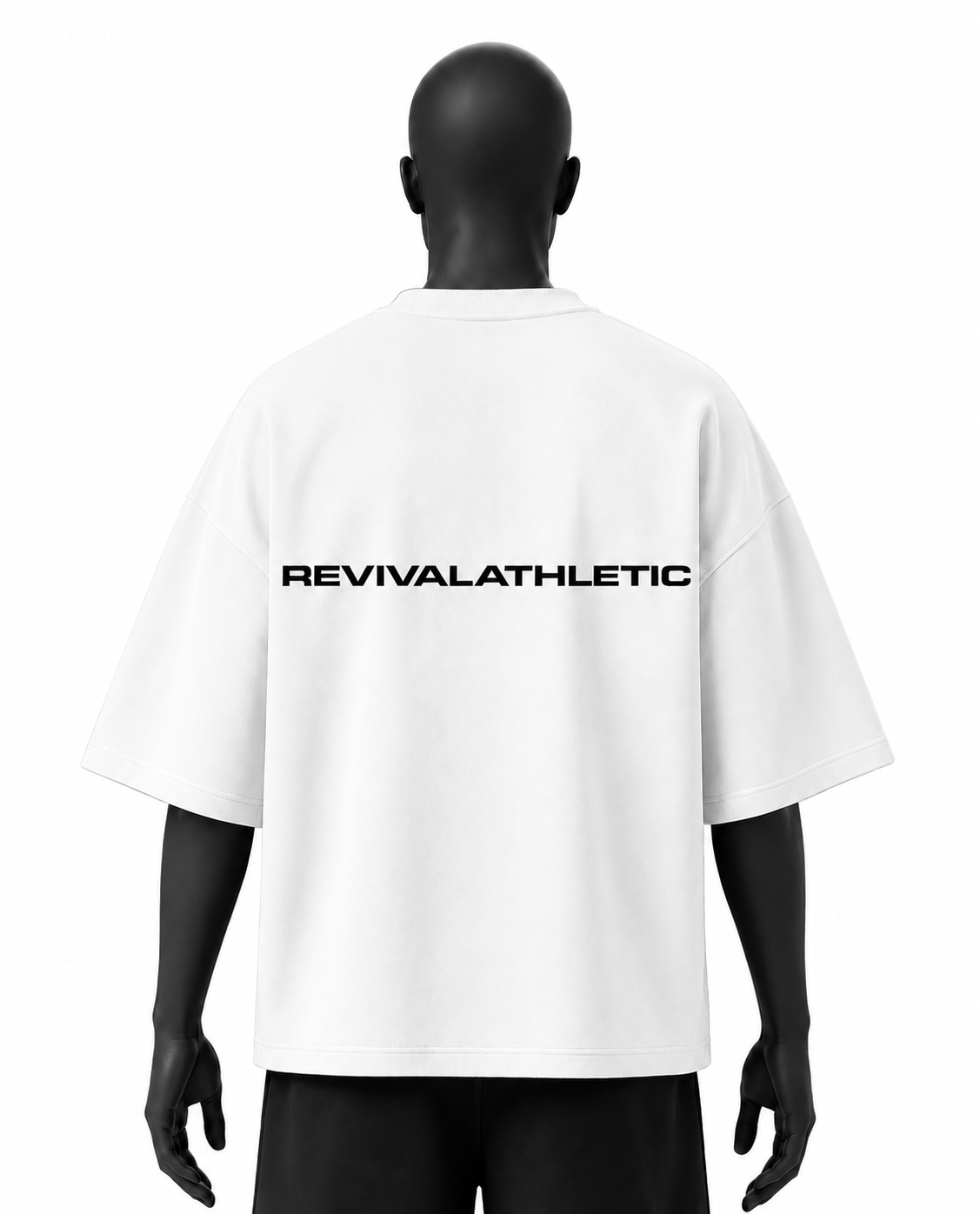 A white short-sleeve t-shirt with 'REVIVALATHLETIC' printed in black across the back, displayed on a black mannequin from the rear against a plain white background.