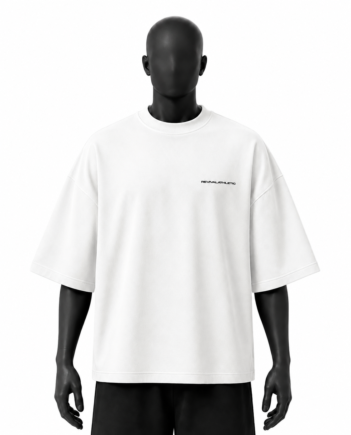 A white oversized short-sleeve t-shirt with a small black 'REALITY' logo on the left chest, displayed on a matte black mannequin against a plain white background.