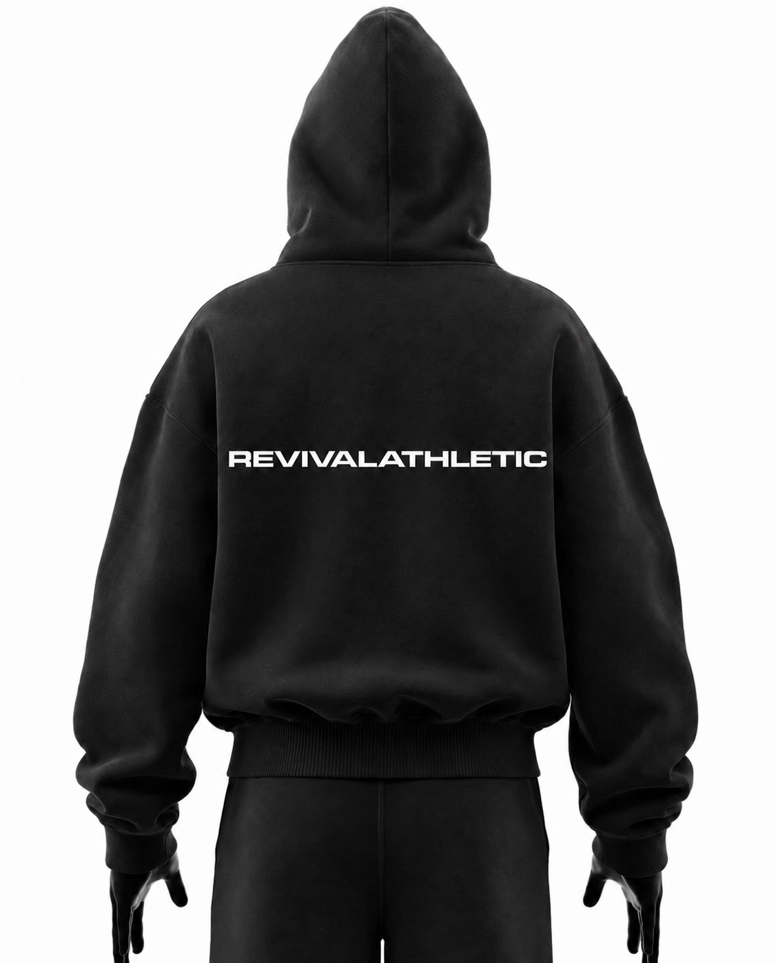 A black pullover hoodie shown from the back on a mannequin or model, featuring the word 'REVIVALATHLETIC' printed in white across the upper back. The hoodie has a relaxed fit with a large hood and ribbed cuffs and hem.