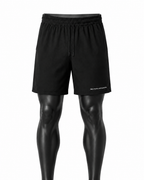Black athletic shorts displayed on a black mannequin leg form against a plain white background. The shorts feature an elastic waistband with a drawstring and a small white 'REVIVALATHLETIC logo on the lower left leg.