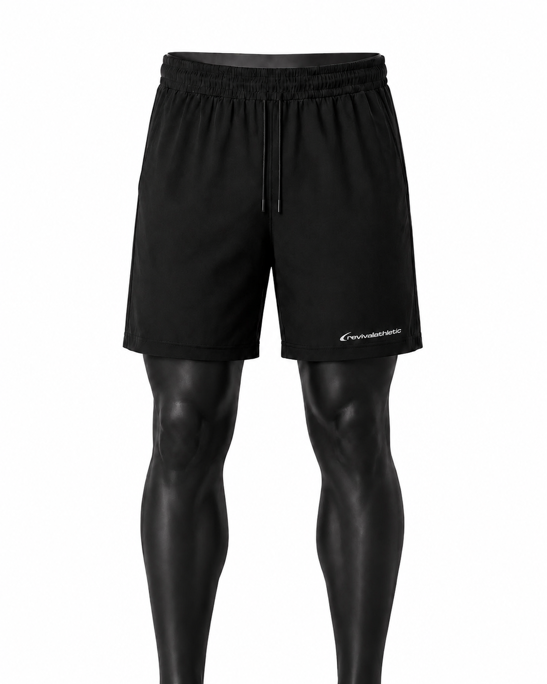 Black athletic shorts with a drawstring waist and a small white 'Cruisermaster' logo on the lower left leg, displayed on a black mannequin leg form against a white background.