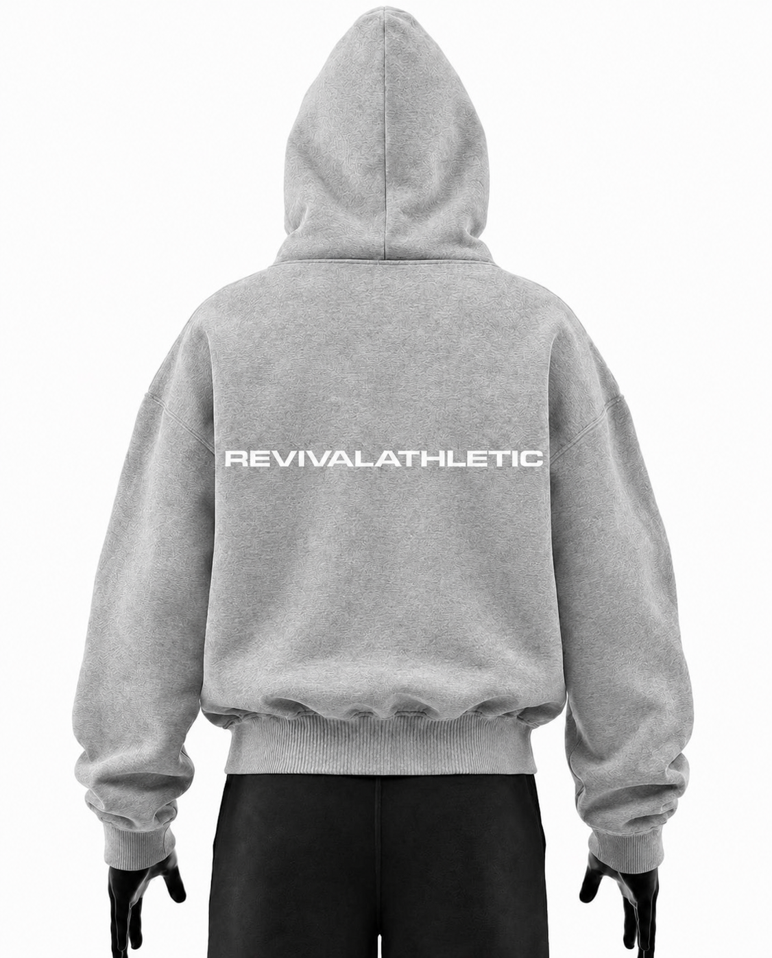 A light gray heather pullover hoodie shown from the back on a mannequin, featuring the word 'REVIVALATHLETIC' printed in white across the upper back. The mannequin is also wearing black pants and black gloves against a plain white background.