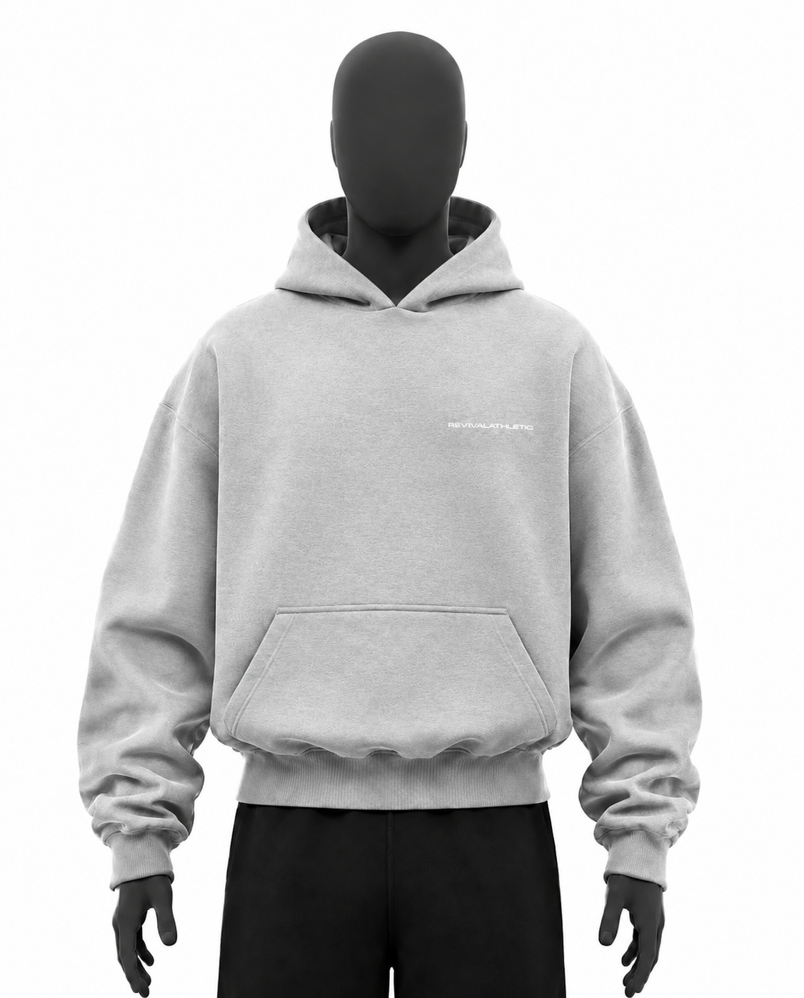 A light gray pullover hoodie displayed on a black mannequin torso, featuring a kangaroo pocket and a small white embroidered logo on the left chest, set against a plain white background.