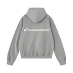 A light gray pullover hoodie shown from the back, featuring a relaxed fit, long sleeves, and ribbed cuffs and hem, isolated on a white background.