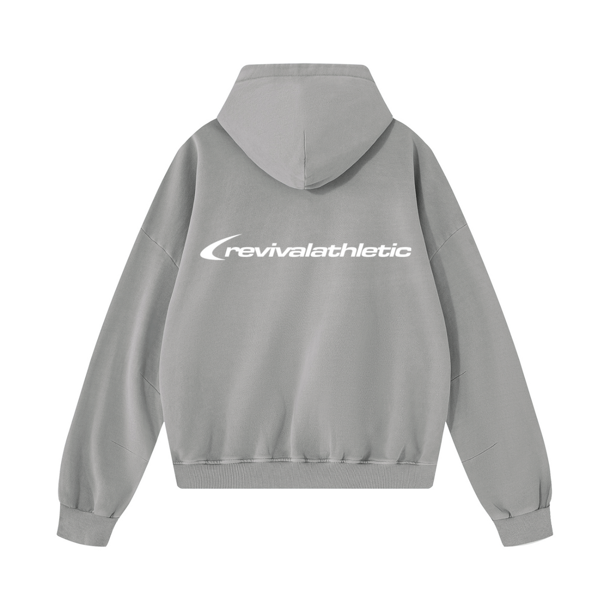 A light gray pullover hoodie shown from the back, featuring a relaxed fit, long sleeves, and ribbed cuffs and hem, isolated on a white background.