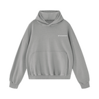 A light gray pullover hoodie with a large front kangaroo pocket, shown flat against a solid white background.
