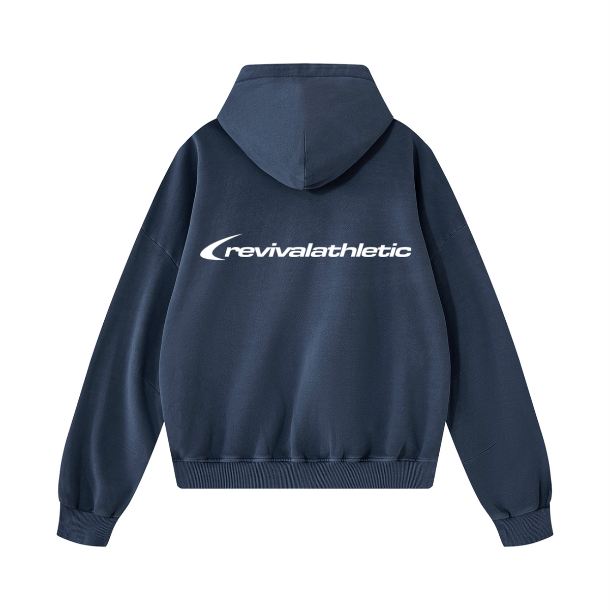 A navy blue hoodie shown from the back, featuring a white 'revivalathletic' logo printed across the upper back, set against a plain white background.