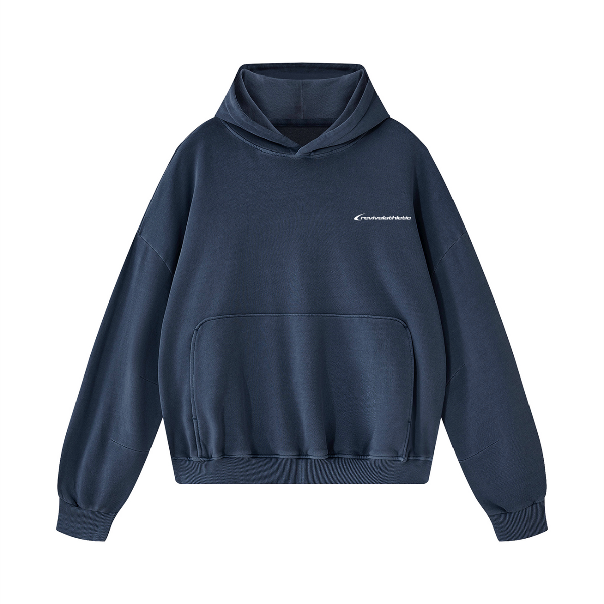 A bLUE pullover hoodie shown from the back, featuring a white 'revivalathletic' logo printed across the upper back, set against a plain white background.