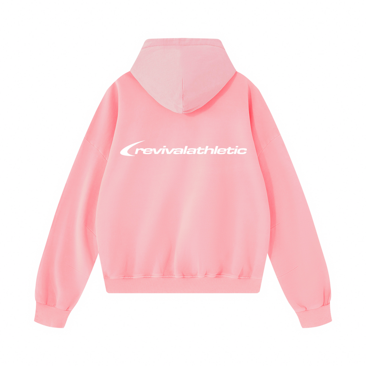 A PINK pullover hoodie shown from the back, featuring a white 'revivalathletic' logo printed across the upper back, set against a plain white background.