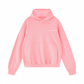 A light pink pullover hoodie with a small white script logo on the left chest, displayed on a clean white background.