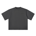 Black t-shirt with a small logo on a white background