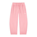 Light pink sweatpants with an elastic waistband and a small white logo on the left thigh, shown flat against a white background.